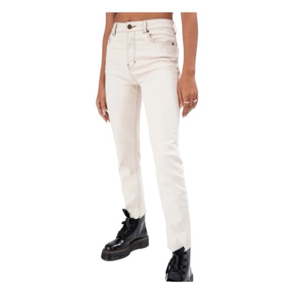 Adika Holler Skinny High Waisted Jeans Cream Natural Denim Raw Hem Button Fly S - Picture 1 of 7